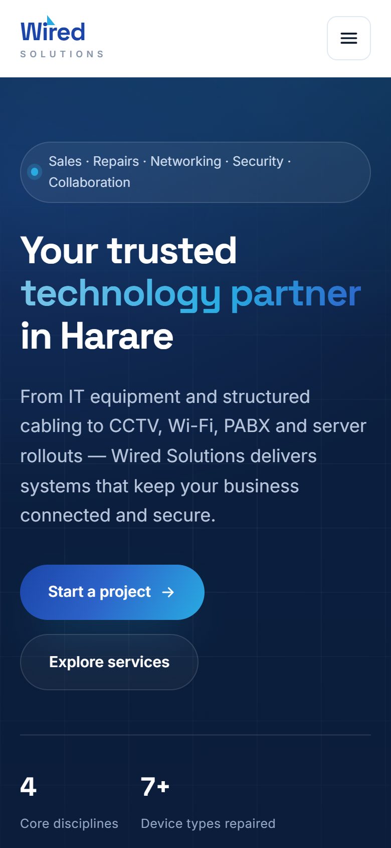 Wired Solutions website on a phone