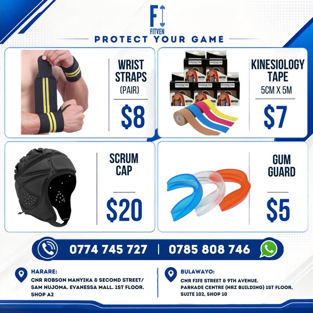Protective gear: wrist straps, kinesiology tape, scrum cap, gum guard